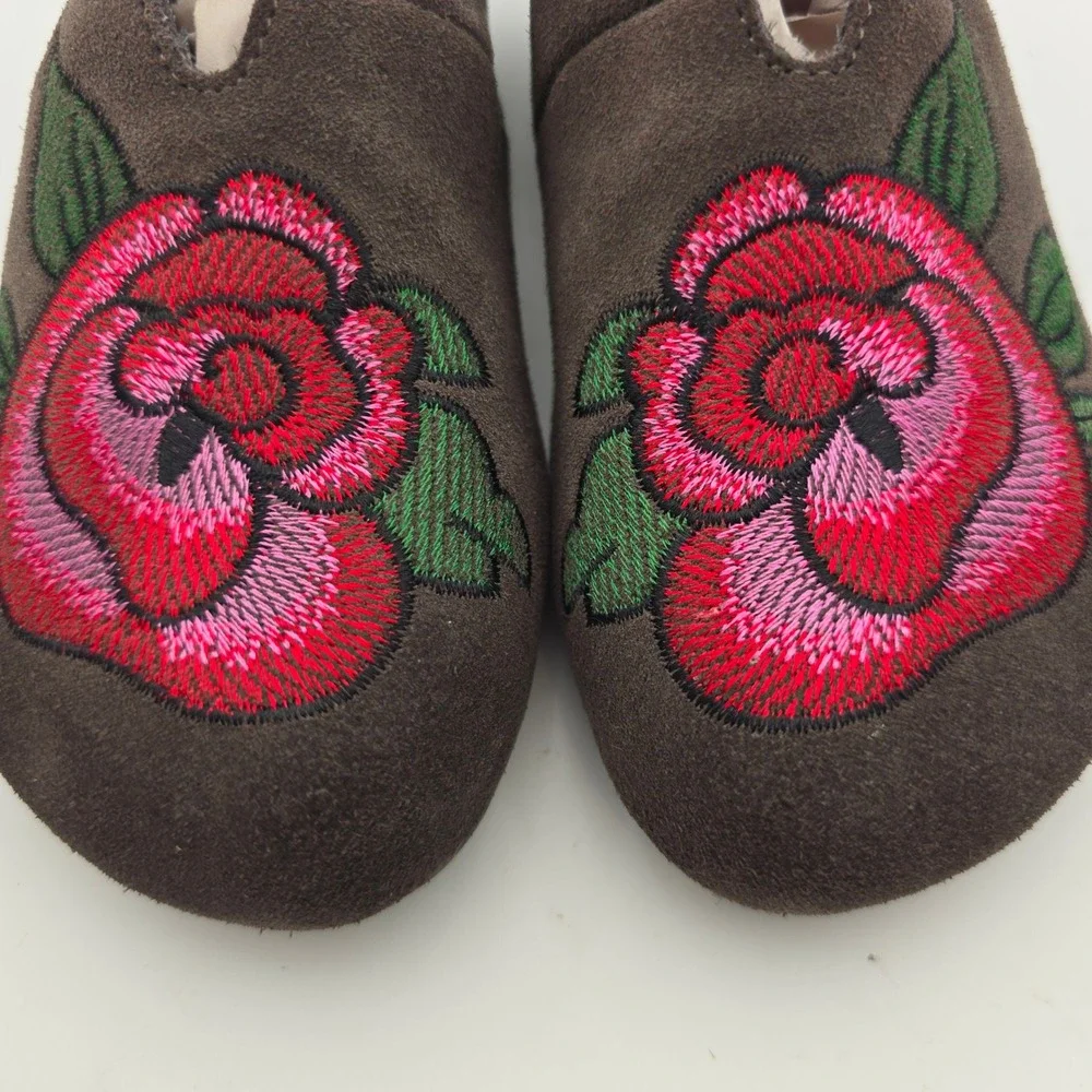Escocofy Fawn 38/7.5 Suede Shoes Embroidered Rose Comfort Round Heel Loafer Boho